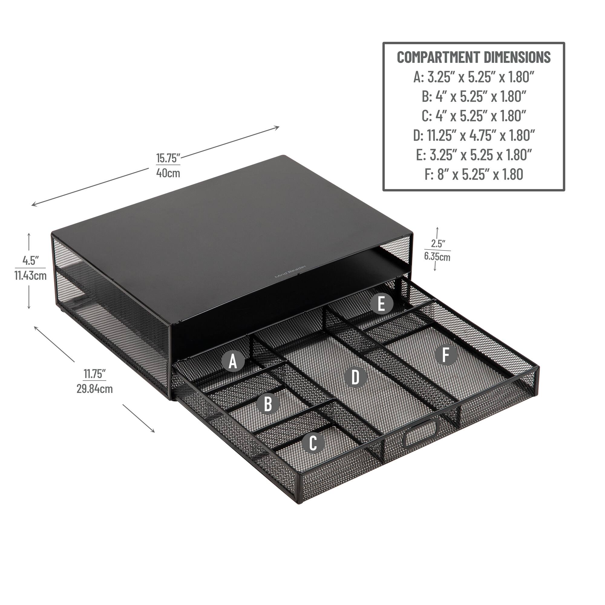 Mind Reader Monitor Stand and Office Supplies, Ventilated Riser, Storage Drawer, Metal Mesh, 15.75"L x 11.75"W x 4.5"H, Black